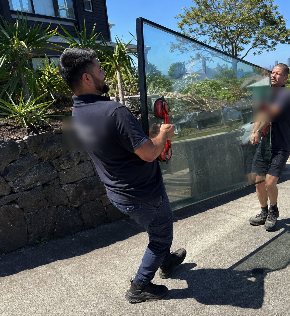 Two glaziers carrying a large sealed glass unit up a driveway past a stone retaining wall