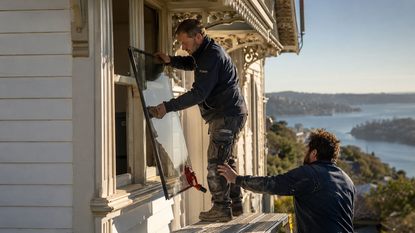 Two Window and Glass Repair Dunedin glaziers easing a double glazed unit into a timber villa window above the harbour