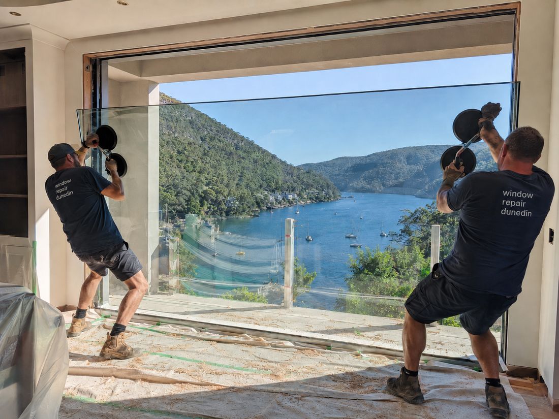 Two Window and Glass Repair Dunedin glaziers lifting a large pane into a living room opening with suction handles
