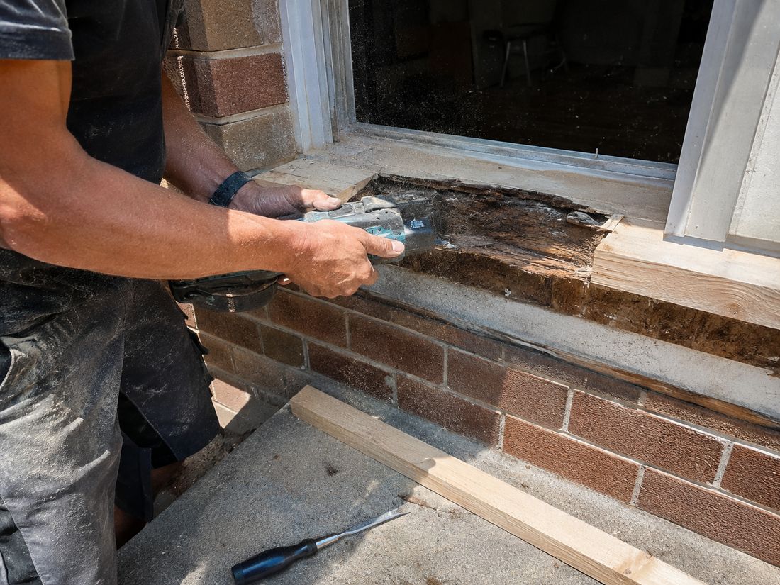 Rotten section of a timber window sill being cut out with an oscillating multi tool
